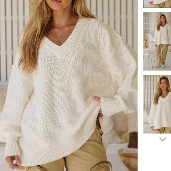Free People Alli White V-Neck Oversized Sweater – Size L/G - Picture 1 of 8